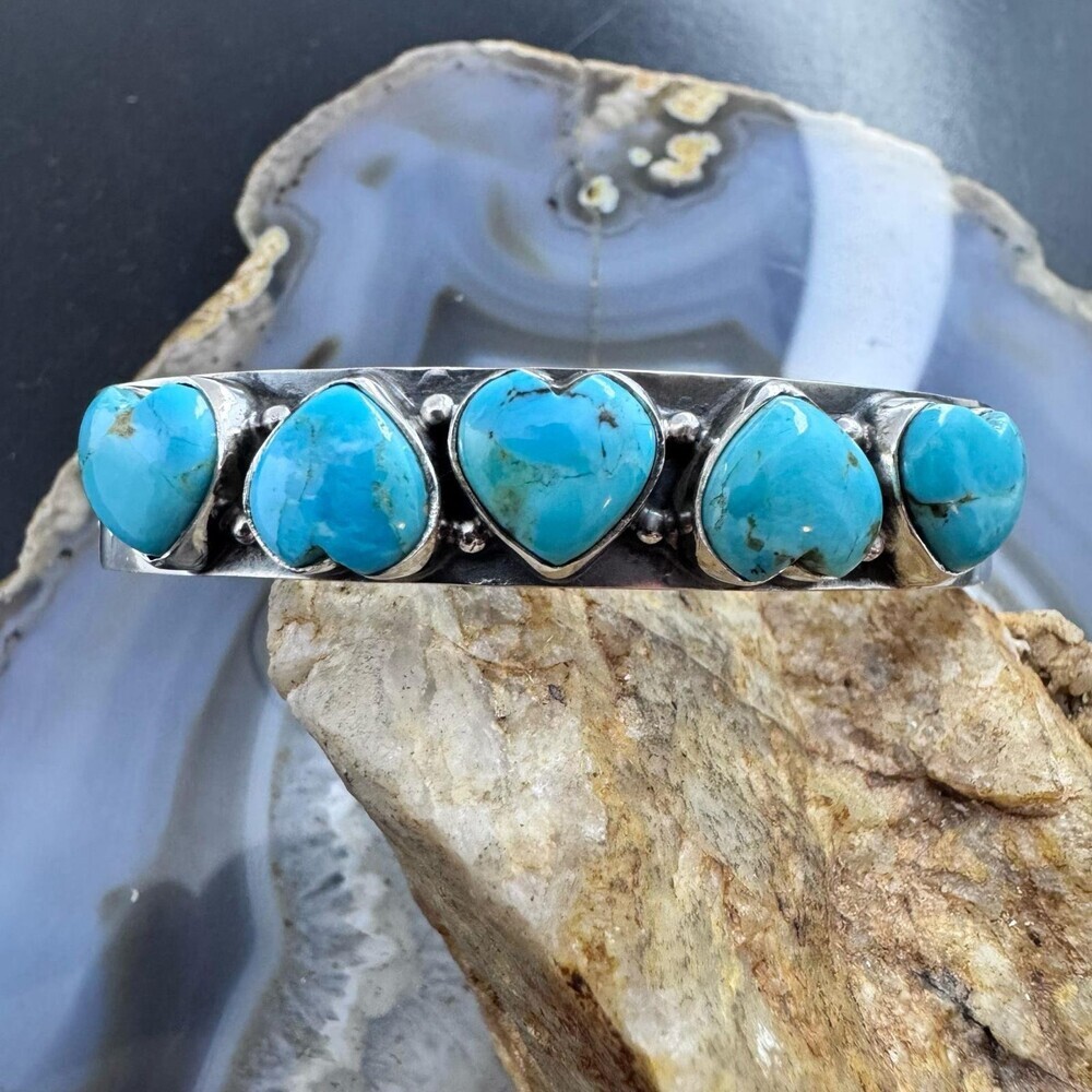 Sterling Southwestern Style 5 Blue Turquoise Heart Single Row Bracelet For Women - Picture 4 of 10